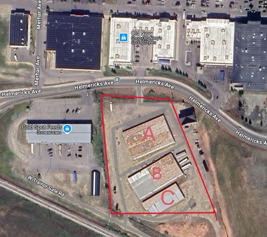 Aerial site map of 399 Helmericks Avenue showing Blocks A, B, and C
